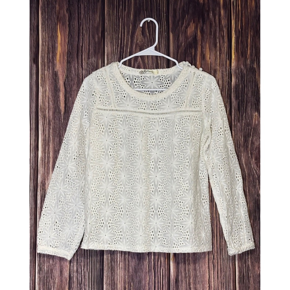 Laffaire Top Womens M White Eyelet Cotton Embroidered Long Sleeve Blouse Vinage